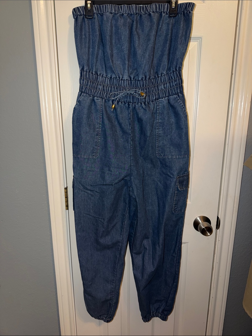 Blush Denim Strapless Cargo Jumpsuit - Blue